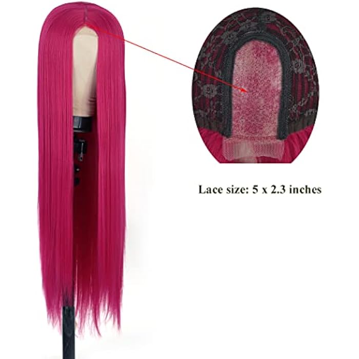 DILLARDS Tantako Long Hot Pink Red Wig With Small Deep Middle Part Lace Straight Pink Red Lace Front Wig (378 Hot Pink) - Image 3